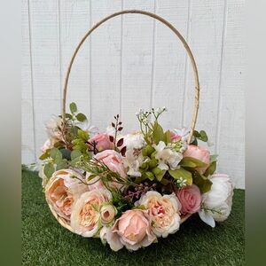 Floral Basket Vintage Ivory Lace Basket Artificial Flower Pastel Pink Peony rose